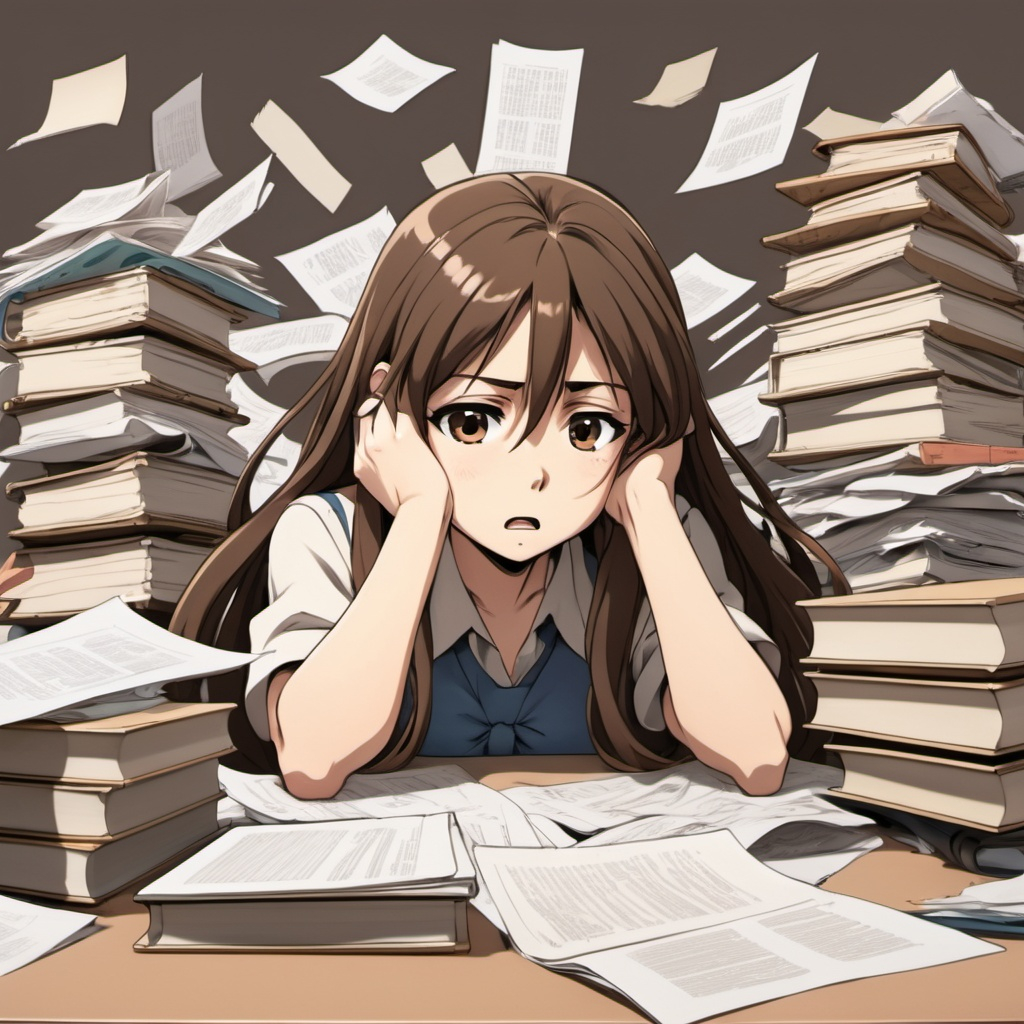 A young woman sits at a desk surrounded by books and papers. She is frustrated and tired.